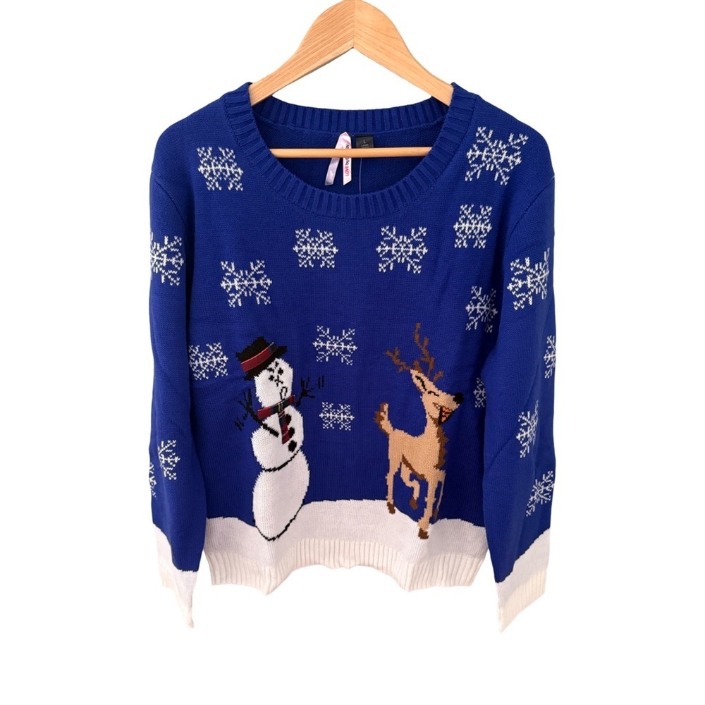 Love By Design Christmas Snowman Reindeer Holiday Crewneck Sweater NWT Size L